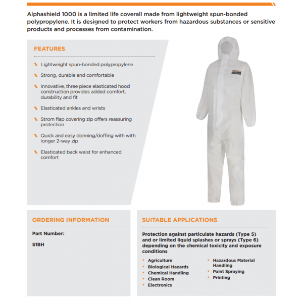 Alphashield 1000 S1BH Disposable Protective Suit[Extra Large] - Image 3